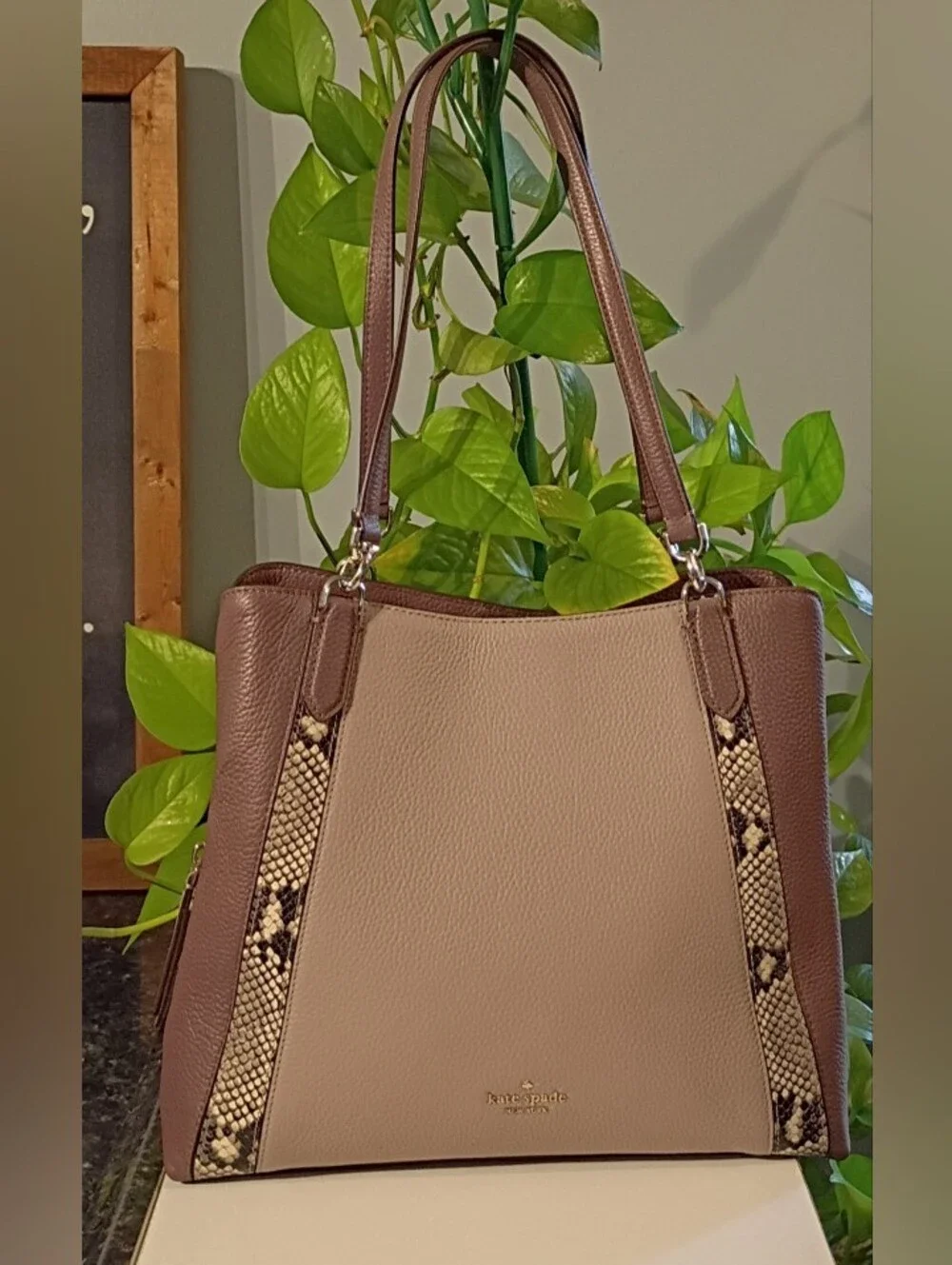 kate spade Taupe and Brown Tote with Snake-Print Trim